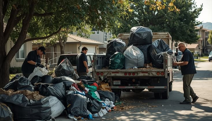 Apartment junk removal, crew loading bagged debris into a flatbed