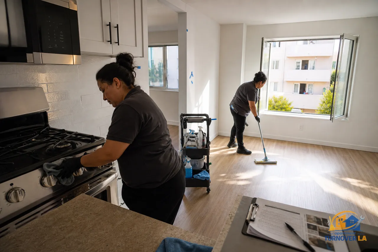 Turnover cleaning in a Koreatown LA apartment kitchen with blue tape touch-ups, checklist, and deep clean in progress