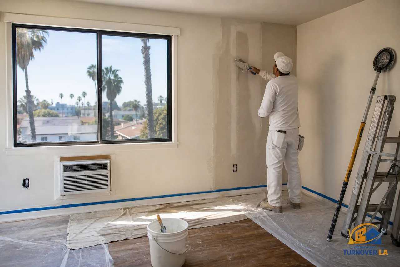 Drywall patch and texture work underway in a Koreatown LA apartment living room with painter tools and plastic floor protection