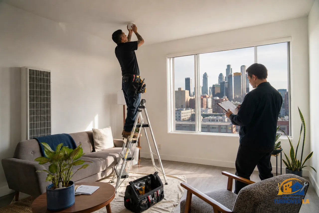 Handyman installing a smoke detector in a Koreatown LA apartment while a landlord reviews a punch list for rental maintenance