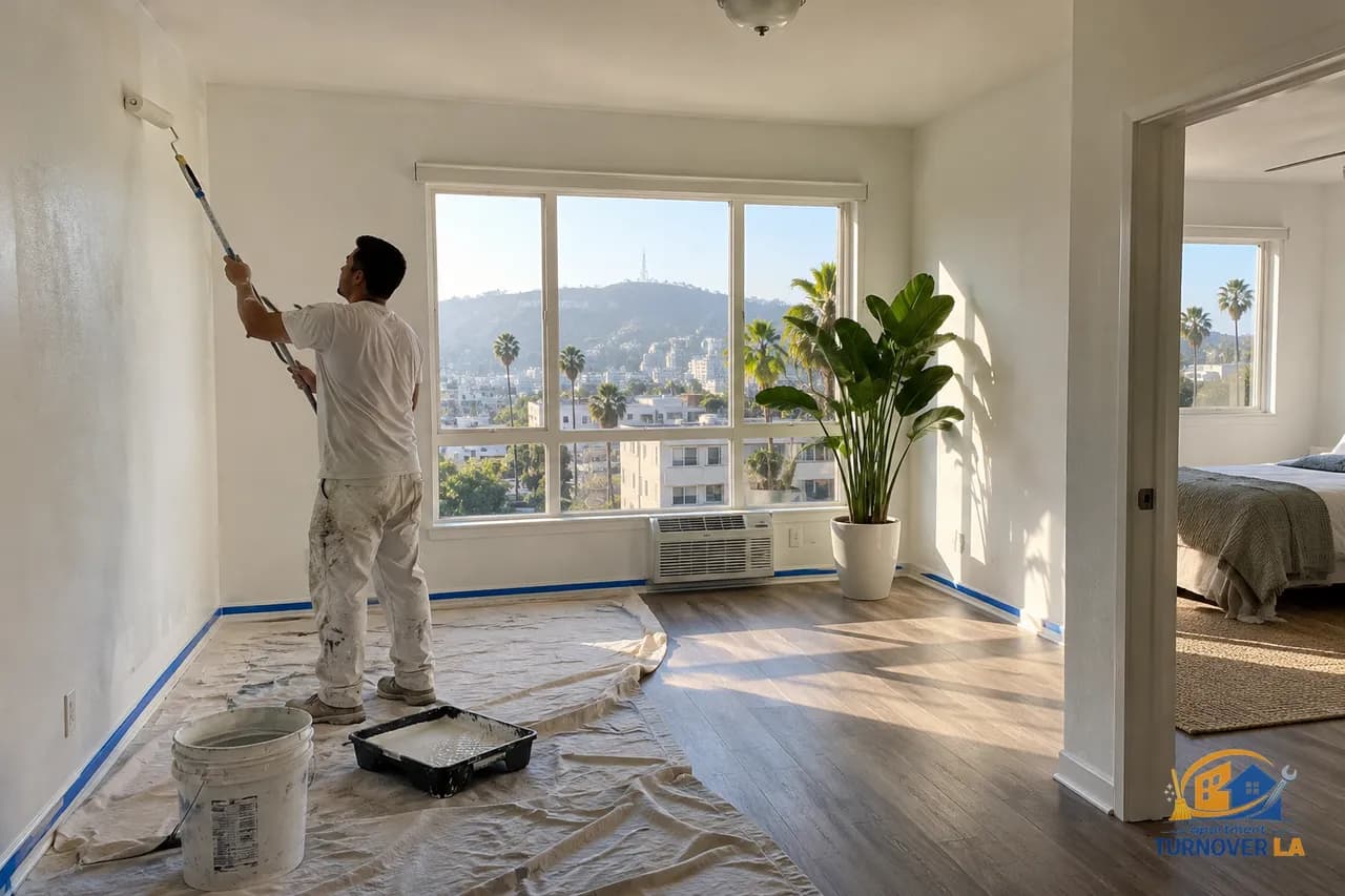 Vacant Los Angeles apartment living room prepared for turnover painting with masked trim