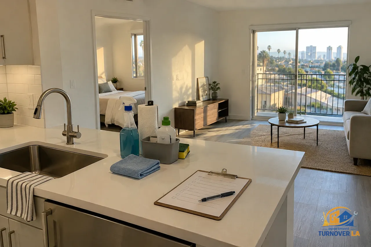 Apartment cleaning checklist on a counter in a vacant Los Angeles rental kitchen