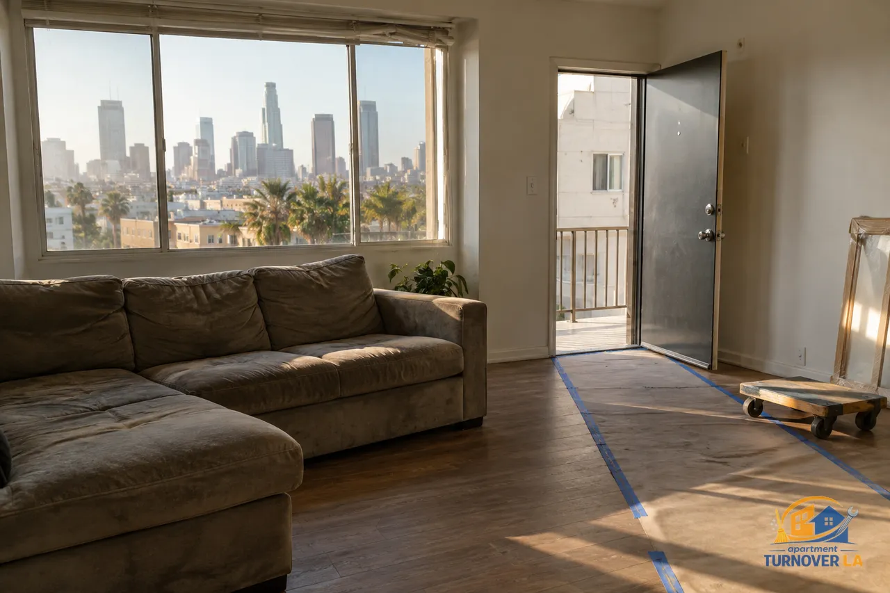 Couch removal setup in a vacant Downtown Los Angeles apartment living room