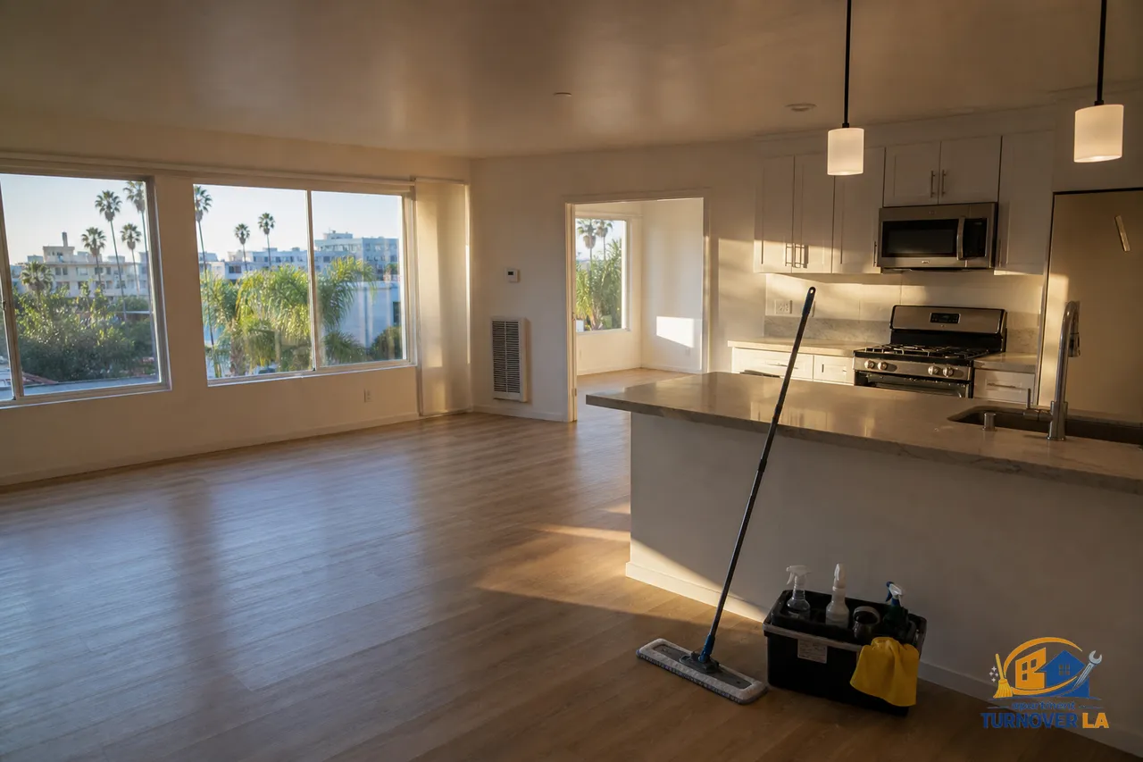 Freshly vacated LA apartment living room staged for move-out cleaning, open oven and cleaning tools visible, mid-century windows and palm trees outside
