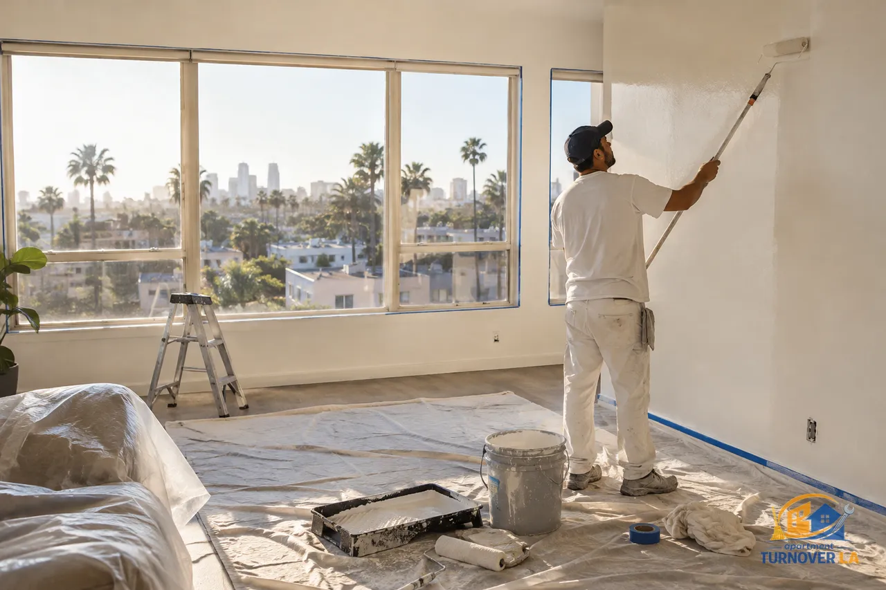 Freshly repainted vacant Los Angeles apartment living room prepared for turnover