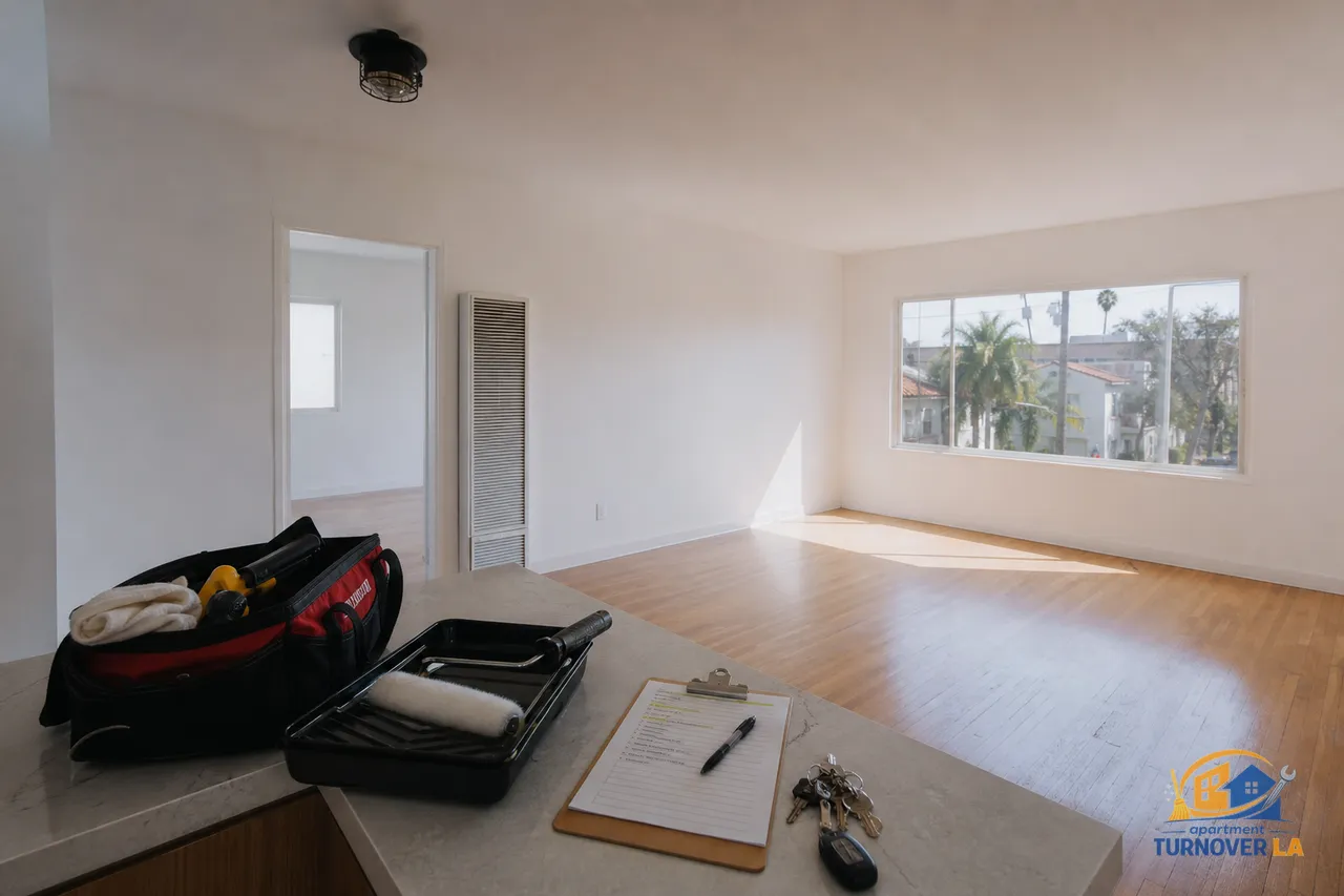 Empty LA apartment staged for turnover with a printed checklist, paint rollers, and keys on the counter before make ready cleaning