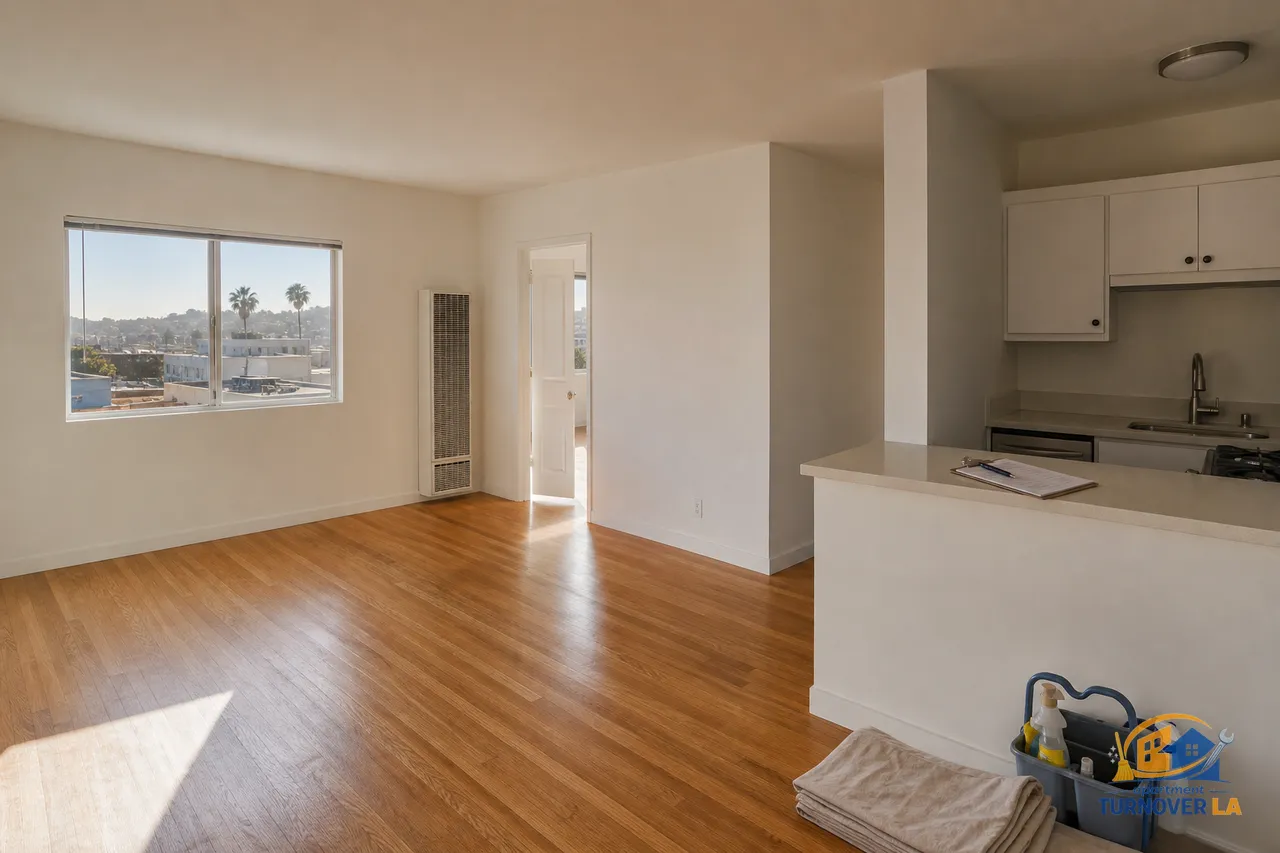 Freshly cleaned LA one-bedroom with new paint and hardwood floors, sunlight, and a visible cleaning kit, illustrating apartment turnover prep