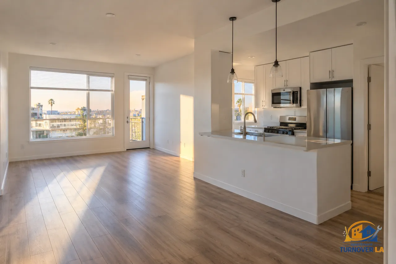 Real estate photography setup in a clean Southern California vacant apartment living room