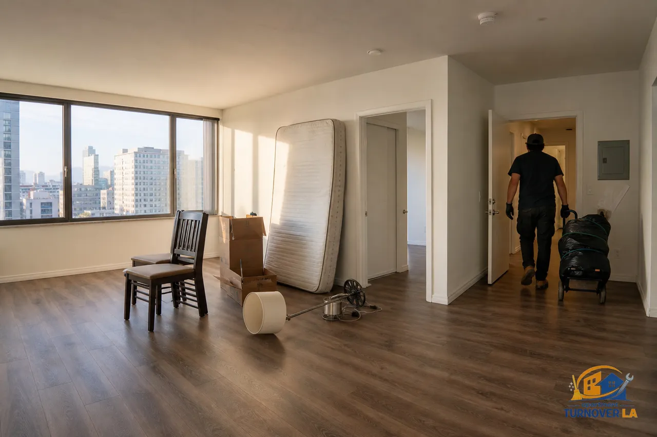 LA apartment move-out scene with junk stacked by the door, a dolly ready for hauling, and Koreatown buildings visible outside