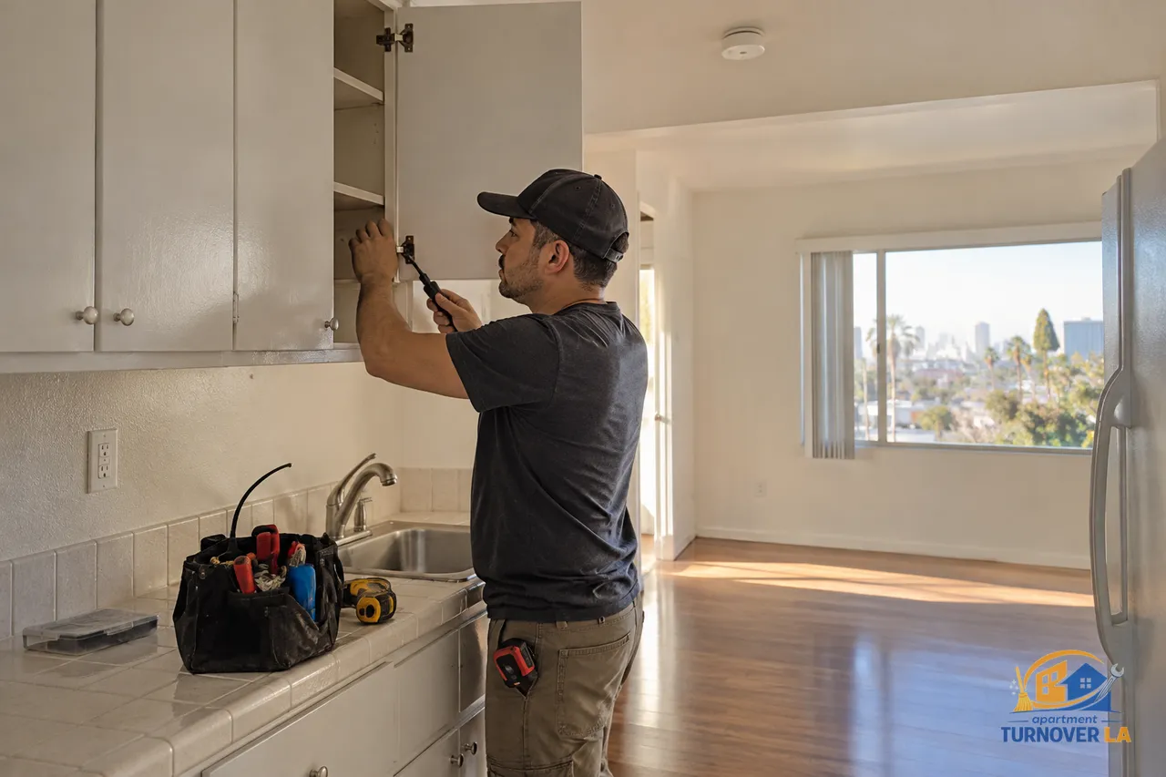 Handyman repairing a kitchen cabinet during a Los Angeles apartment turnover