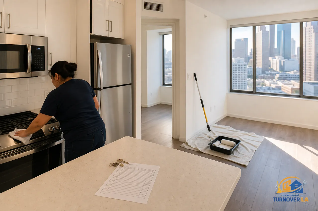 Los Angeles apartment mid-turnover with cleaning underway and paint setup staged, rent-ready preparation scene in Downtown LA