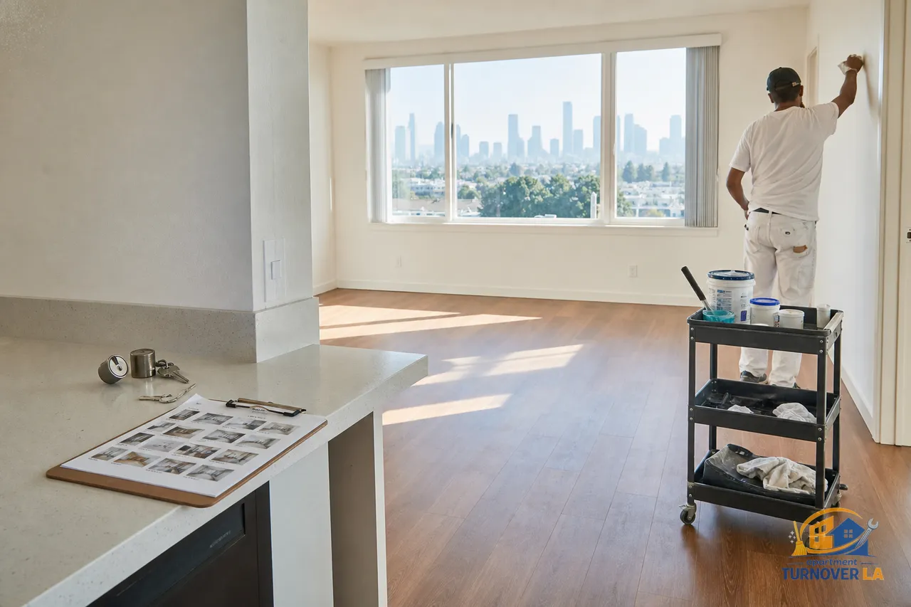 Freshly cleaned LA apartment living room with touch-up paint supplies, new keys, and a make ready checklist on a clipboard
