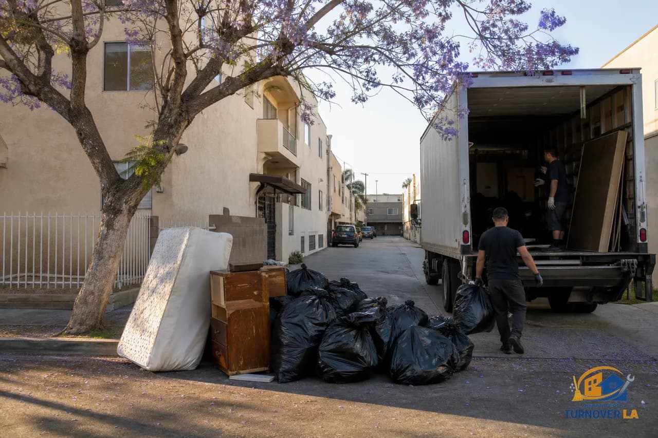 Koreatown alley with tight access where a roll-off dumpster will not fit and a junk removal truck stages a 1BR cleanout