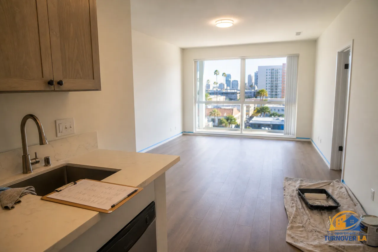 Vacant LA apartment with taped trim and paint tools set up for a turnover repaint in Koreatown