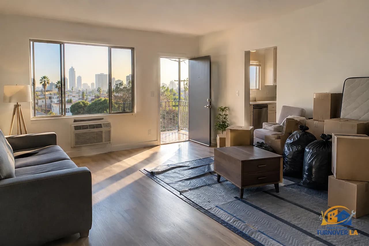 Los Angeles rental cleanout with furniture and bagged debris staged for junk removal