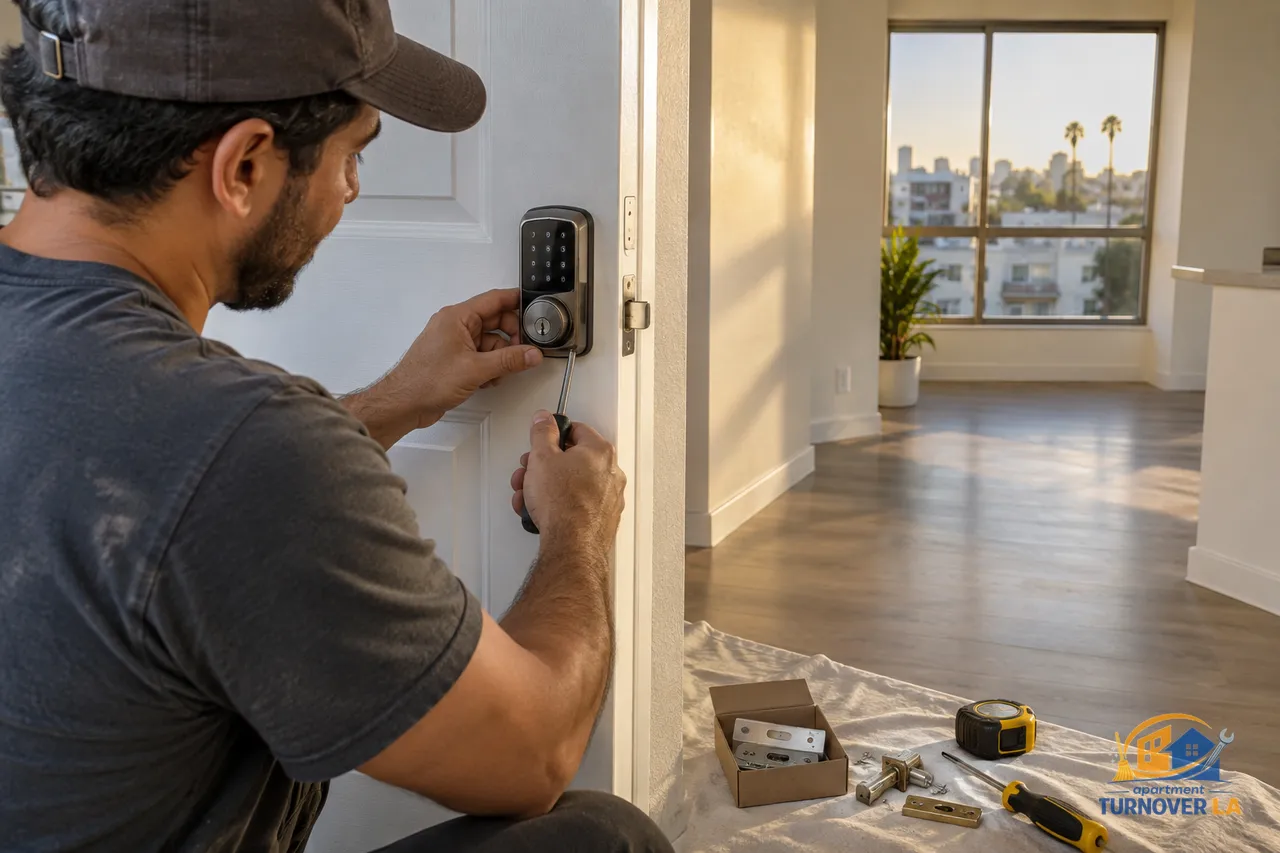 Schlage smart lock installation on a vacant Los Angeles apartment entry door