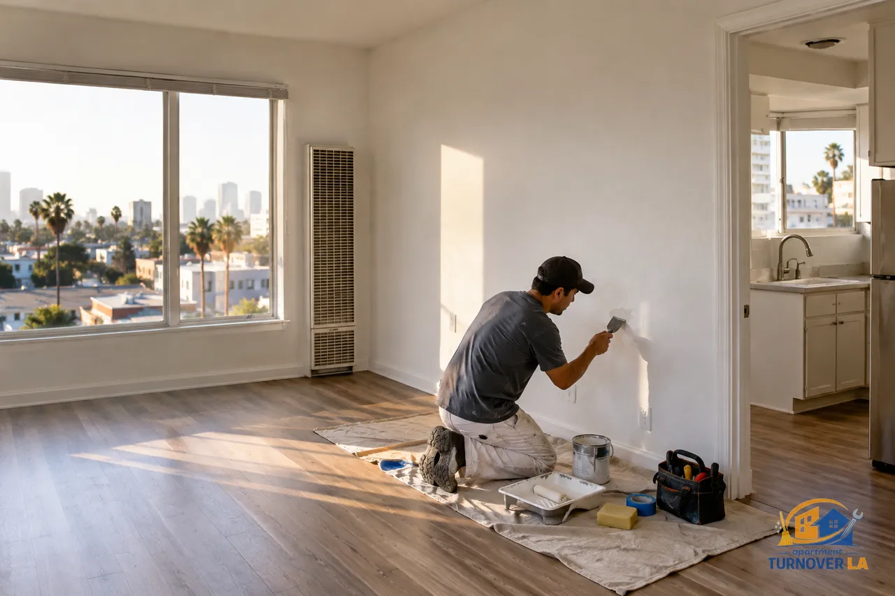LA apartment handyman completing a small drywall repair during a rental turnover