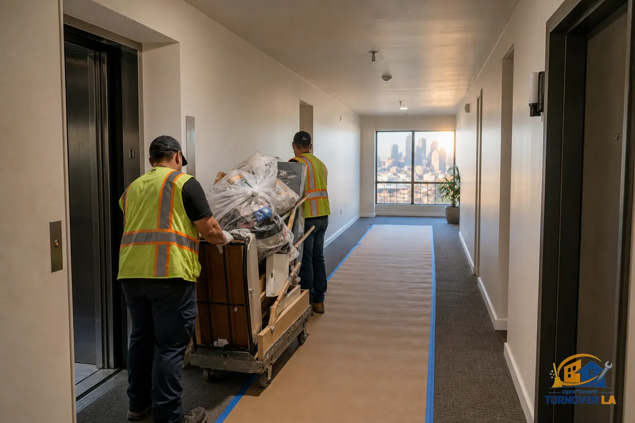 Professional junk removal in a Los Angeles apartment hallway with service elevator access and staged furniture, ideal for turnover operations