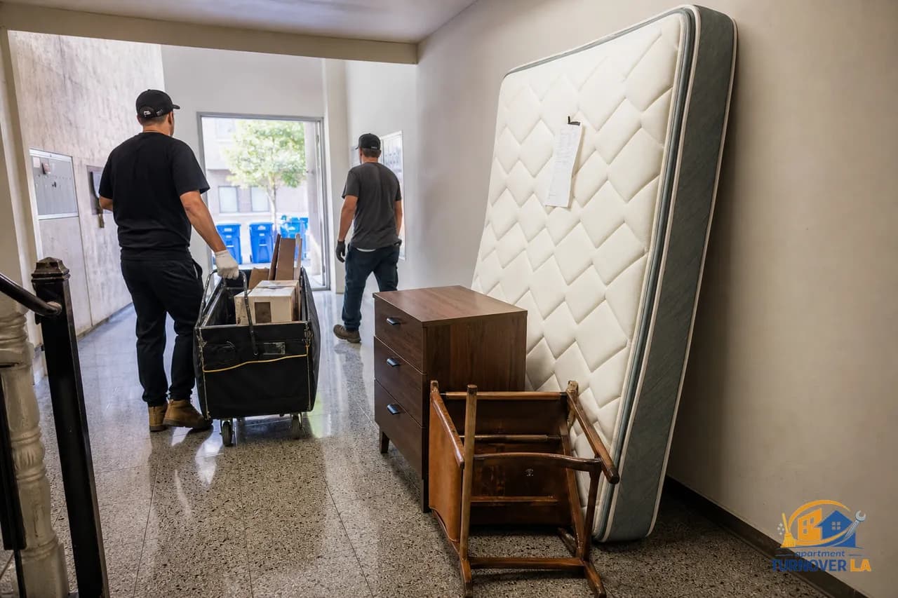 Koreatown apartment hallway staging bulky items for 311 junk removal with a pro crew ready by the curb and LA trash bins visible