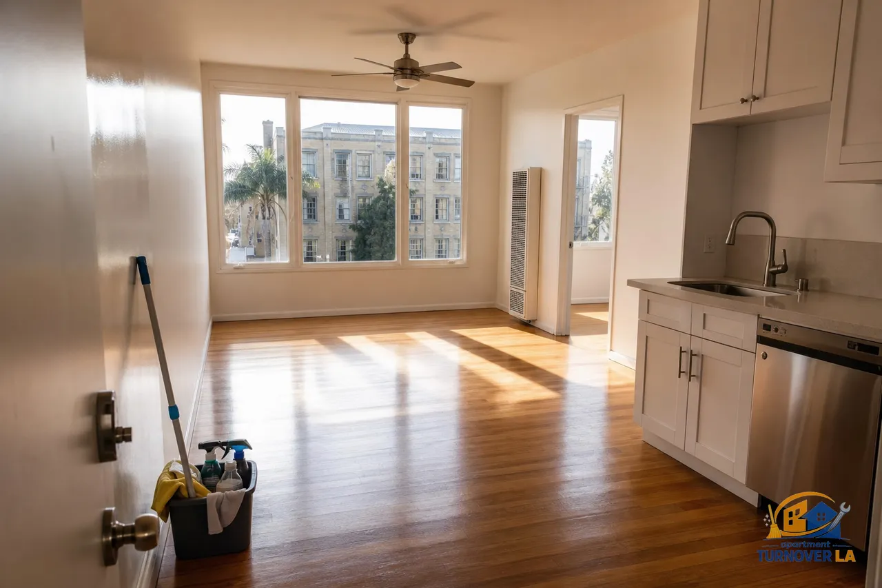 Freshly cleaned LA apartment living room with polished floors and spotless kitchen surfaces after move-out cleaning