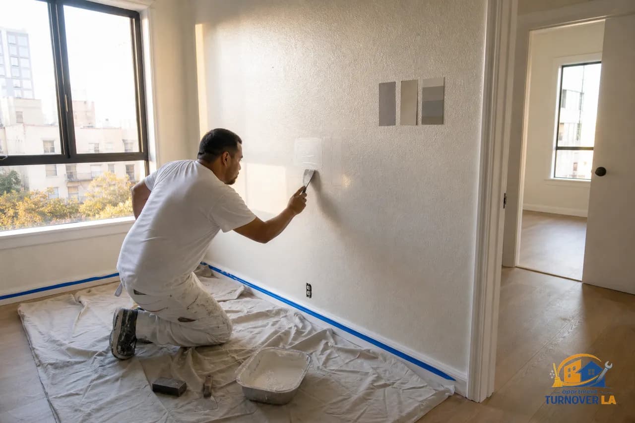 Drywall patch and paint prep inside a Koreatown LA apartment with orange-peel texture and drop cloths laid out