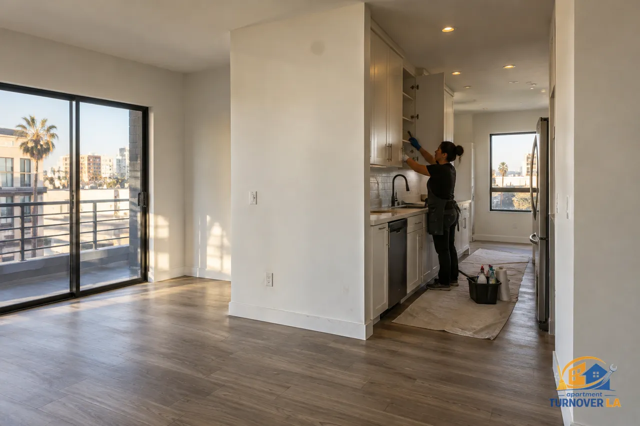 Apartment cleaning services crew preparing a vacant Los Angeles one-bedroom for turnover