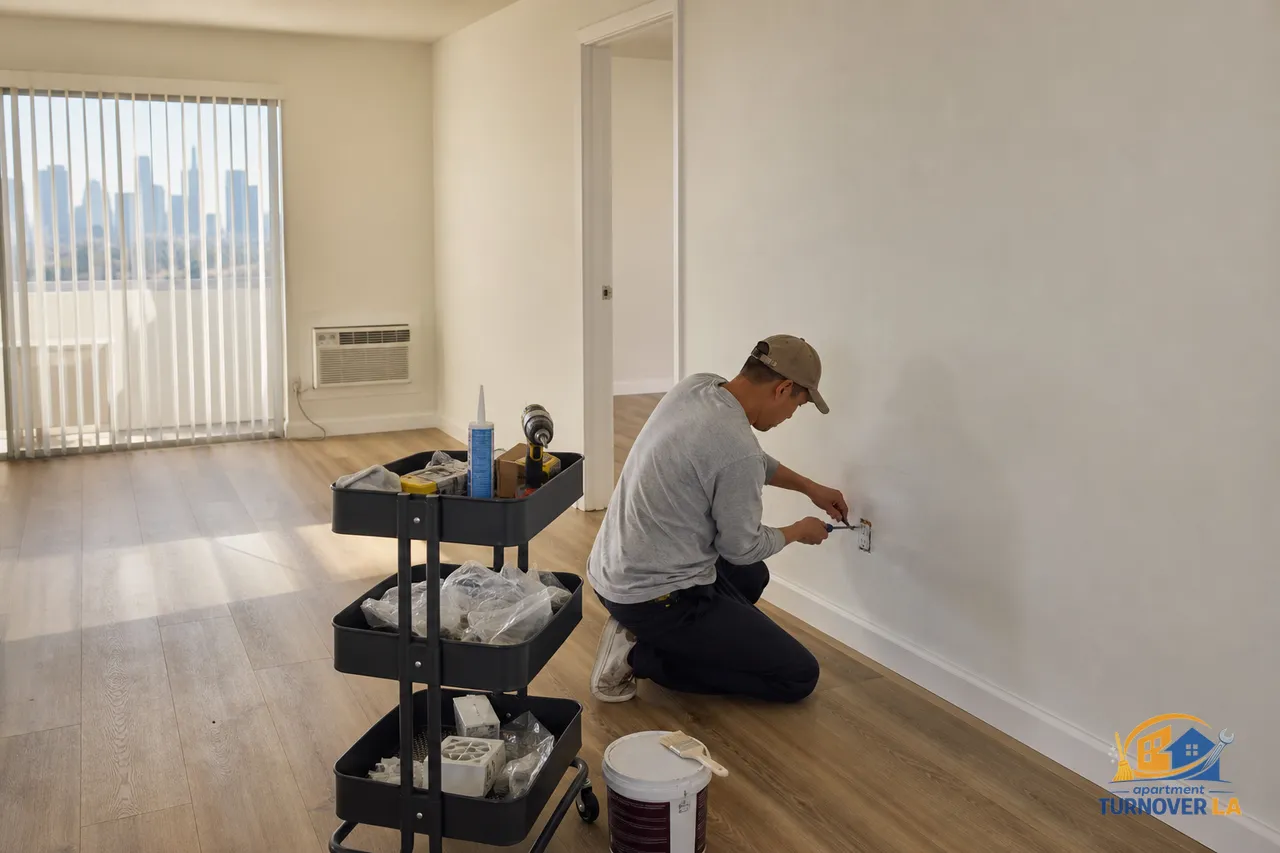 Handyman completing apartment punch list in a Koreatown LA unit with tools, showcasing affordable apartment handyman Los Angeles service