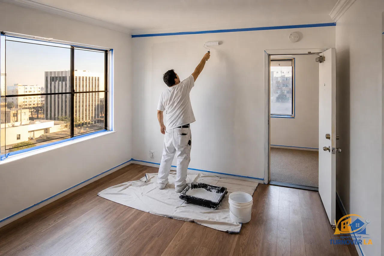 Fresh paint rolling onto a Koreatown apartment wall with taped trim and natural light, showing an LA apartment painting job in progress
