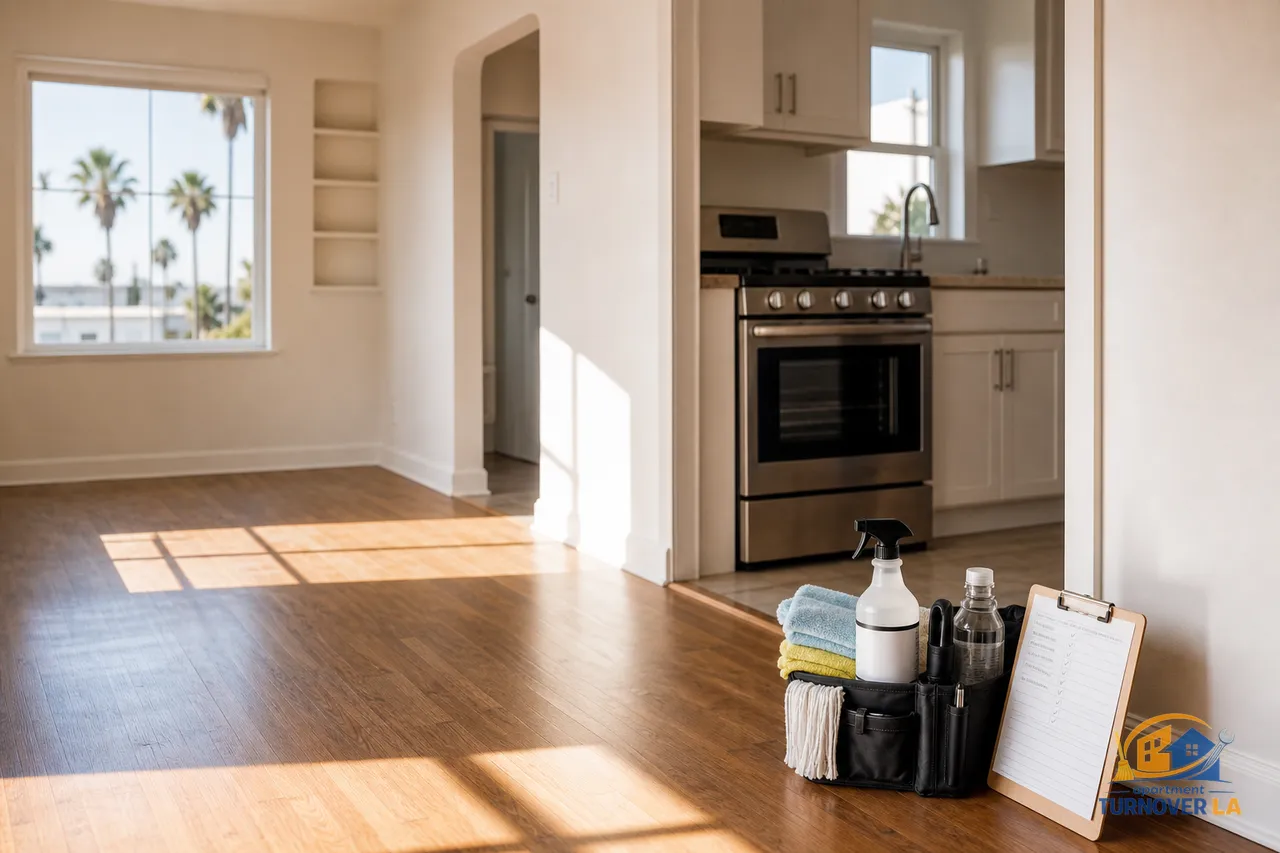 Freshly cleaned LA apartment living room and kitchen with hardwood floors, cleaning caddy, and a visible checklist for move out cleaning