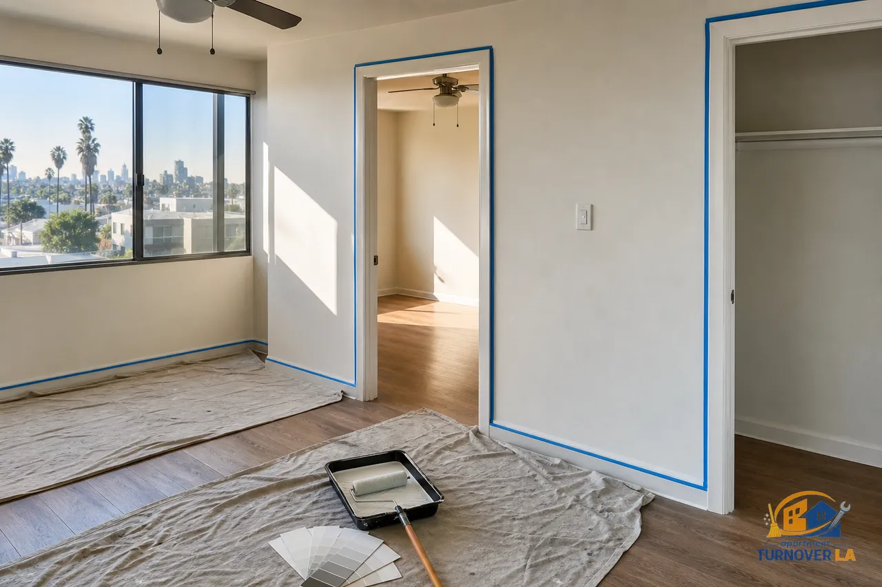 LA one-bedroom turnover set up for repaint with masked trim, drop cloths, and roller tray, showing a standard apartment painting scope in progress