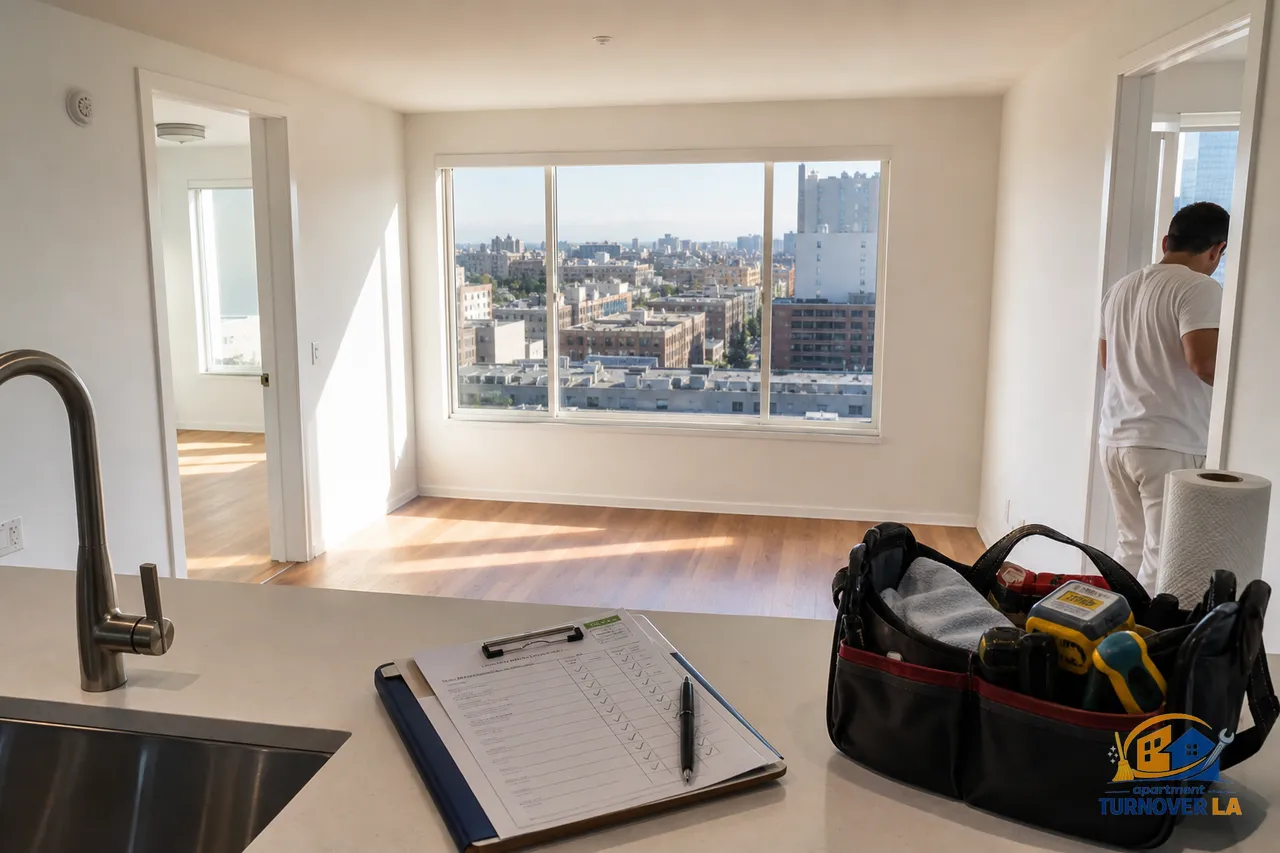 Freshly cleaned LA apartment after make-ready with checklist on counter and Koreatown skyline outside