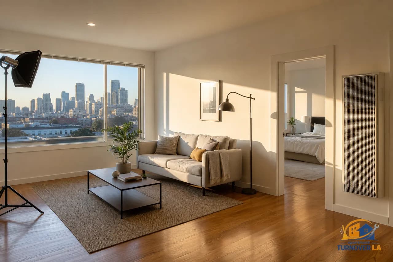Bright LA 1-bedroom living room with clean lines and natural light, staged for rental listing photography in Koreatown