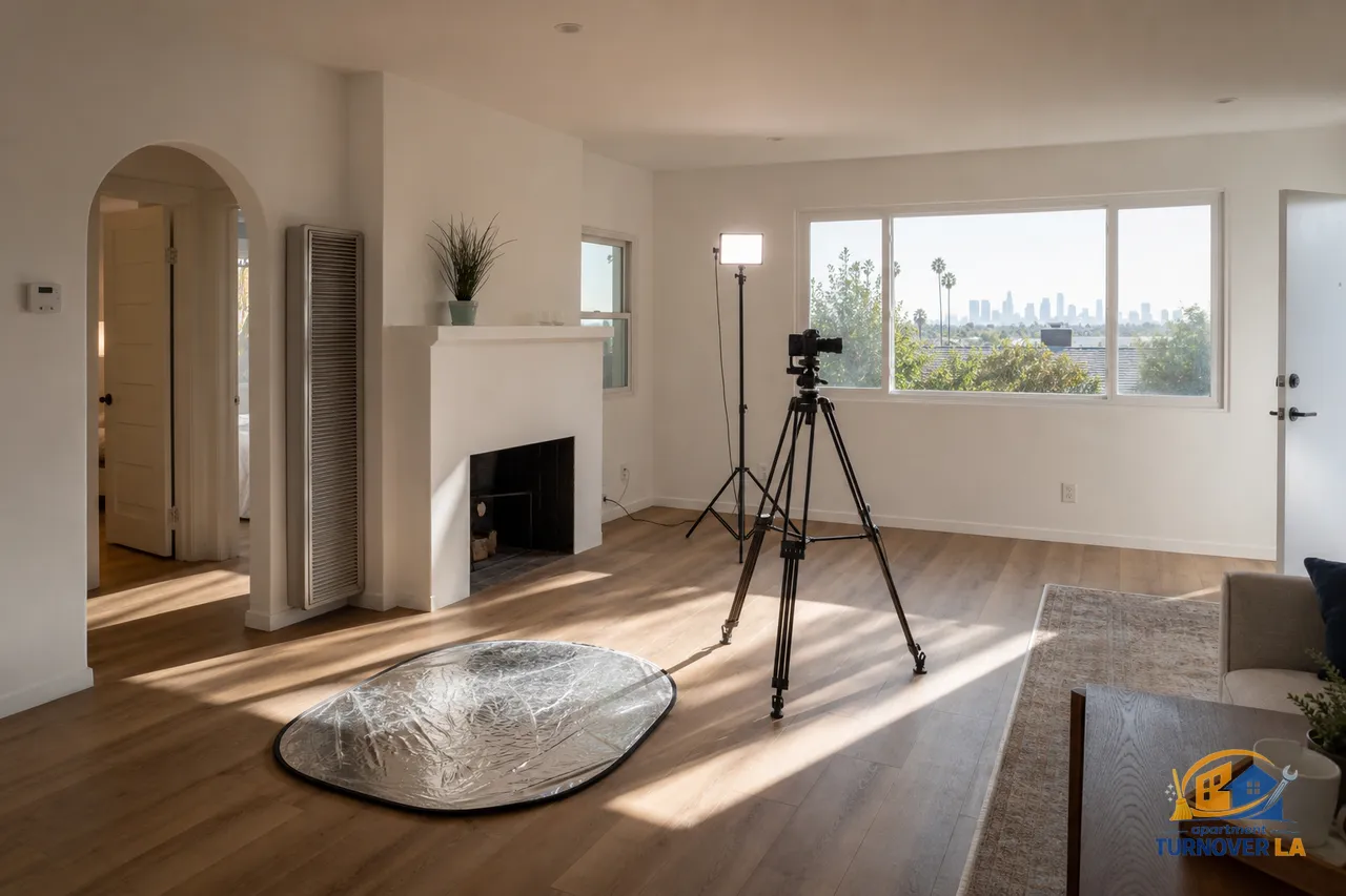 Small photography setup in a bright Hollywood living room showing a tripod, LED light, and natural light for a simple LA photoshoot