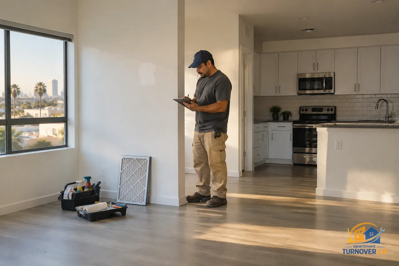 LA apartment make ready technician checking a vacant unit before a new resident moves in
