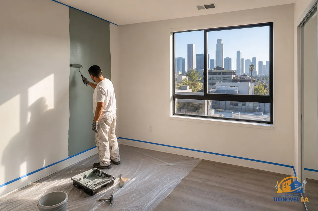 Los Angeles apartment accent wall repaint with taped trim and roller setup, showing realistic small-area interior painting work