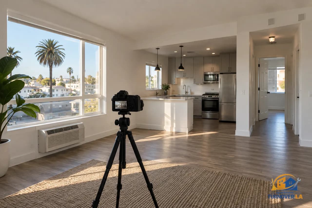 Real estate photography setup in a clean Los Angeles apartment ready for a rental listing