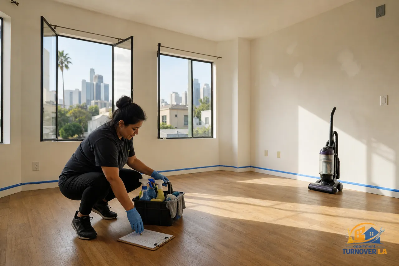 Los Angeles apartment mid make ready with touch-up paint, cleaning caddy, and checklist visible during turnover