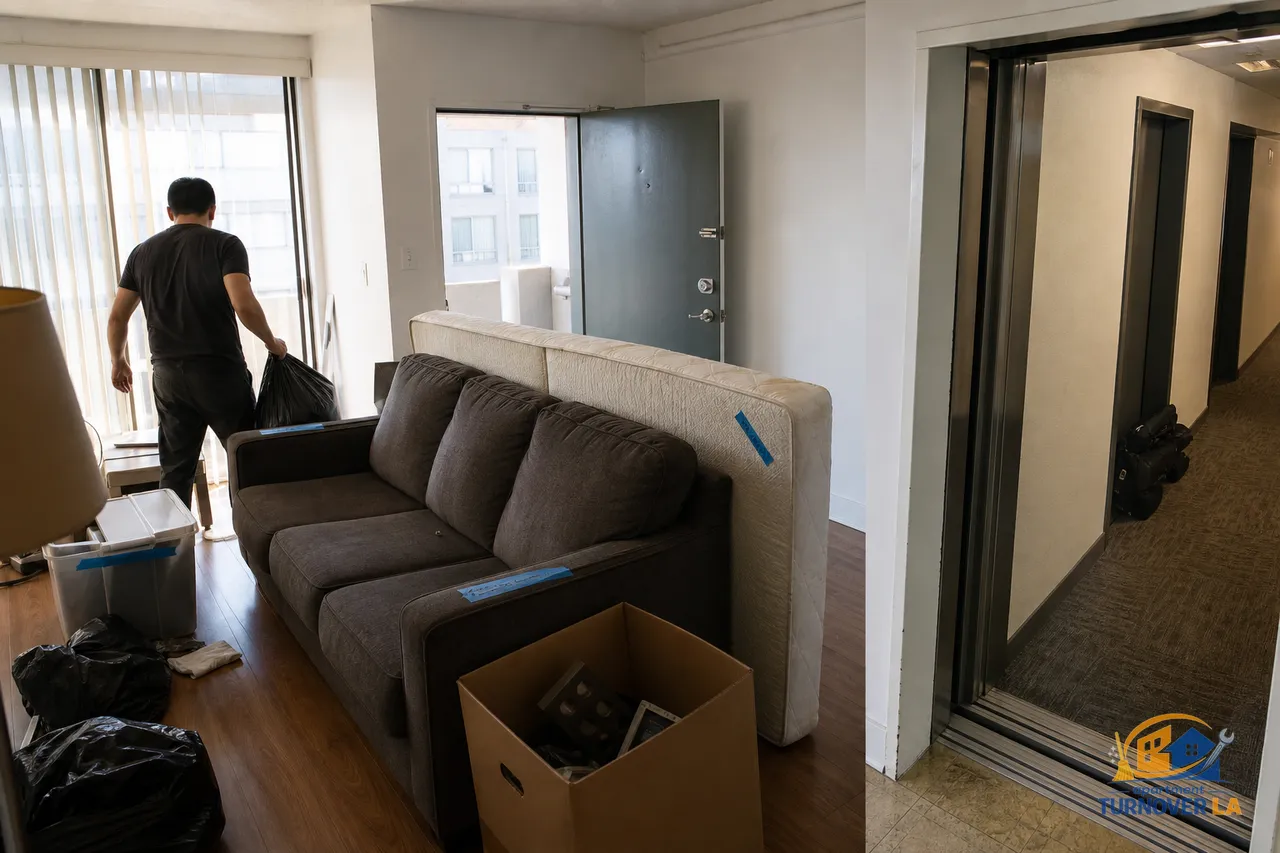 Koreatown LA apartment during junk removal, sofa and mattress staged by the door with labeled piles in natural afternoon light