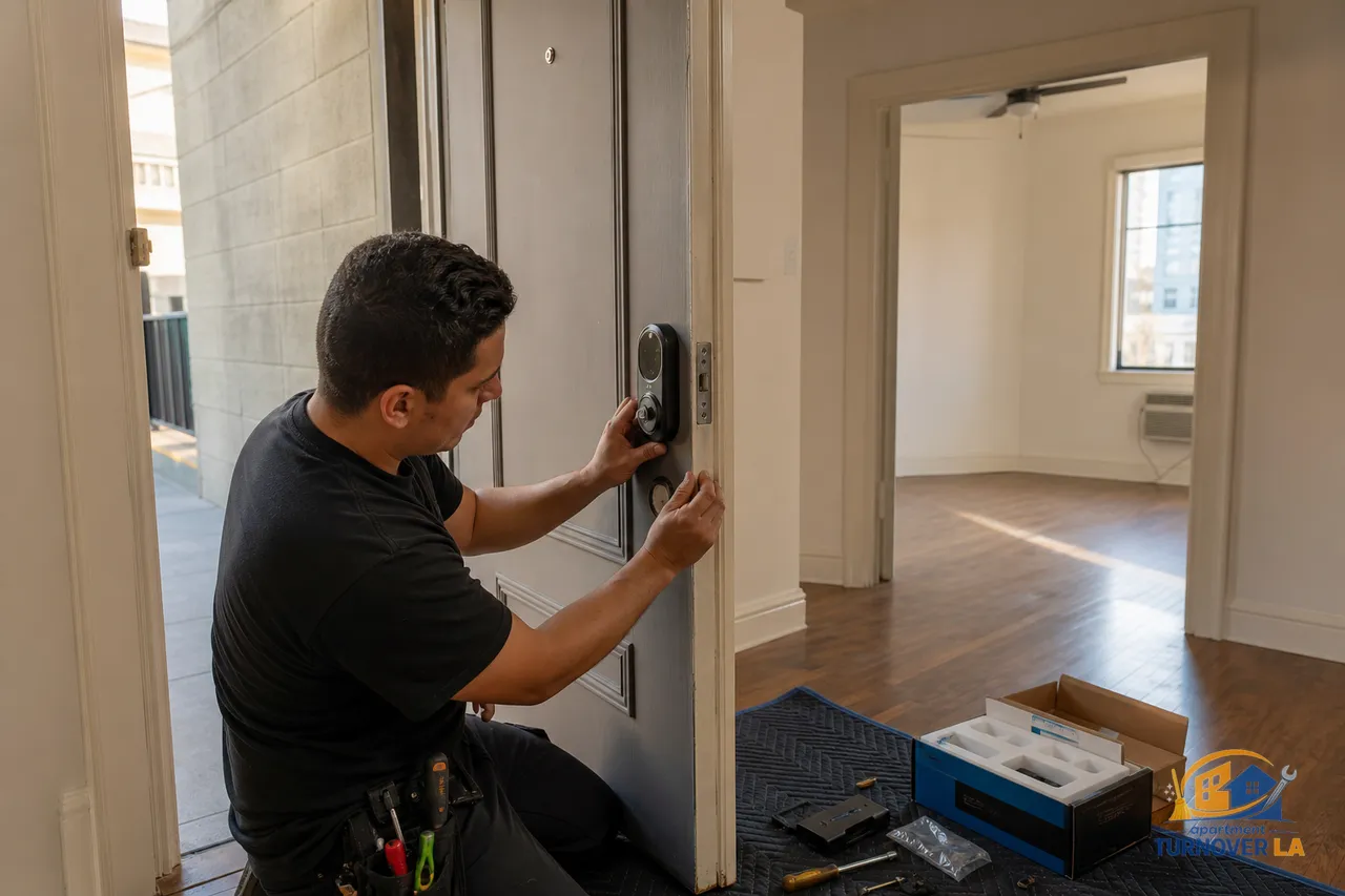 Technician installing a smart deadbolt on a Koreatown LA apartment door during turnover, tools on mat and existing strike plate visible