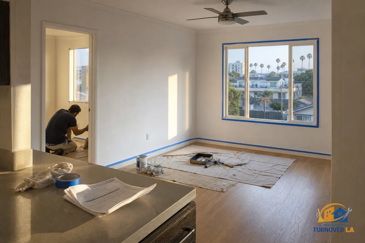 Freshly painted LA apartment living room with drop cloths, painter’s tape, and a roller tray during turnover painting work