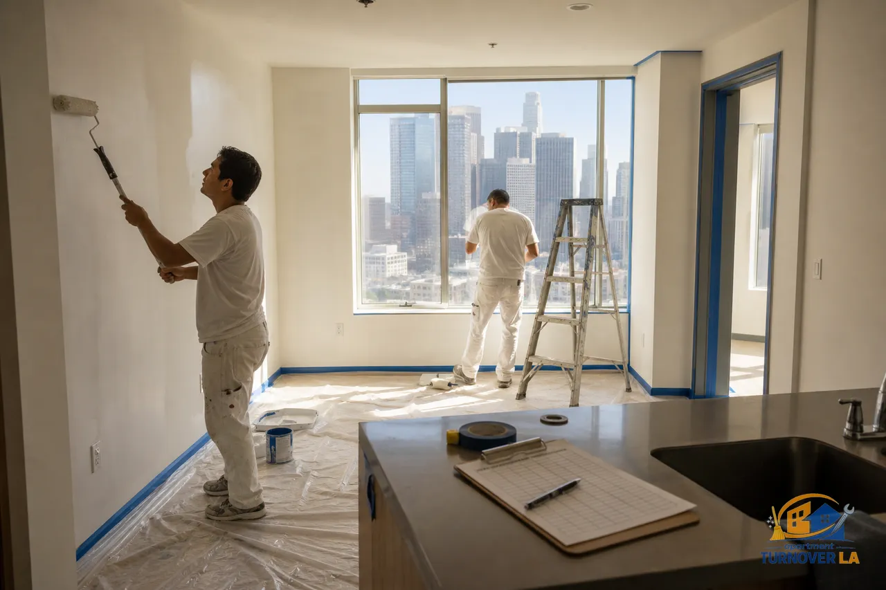 Vacant LA 1BR repaint in progress with two painters rolling walls and taped trim during a 48-hour apartment repaint timeline