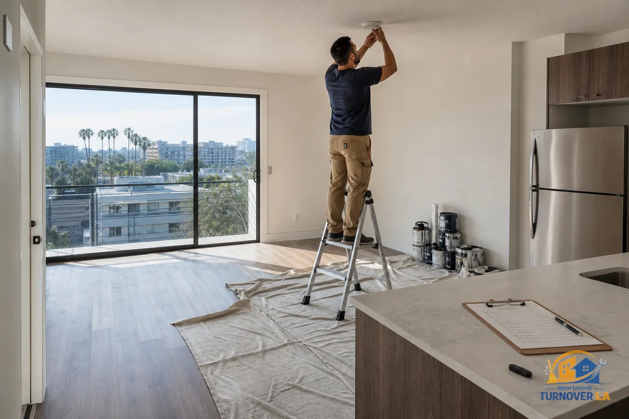 Empty LA apartment mid make ready, paint supplies and a checklist on the counter, technician updating smoke detectors, palm trees outside