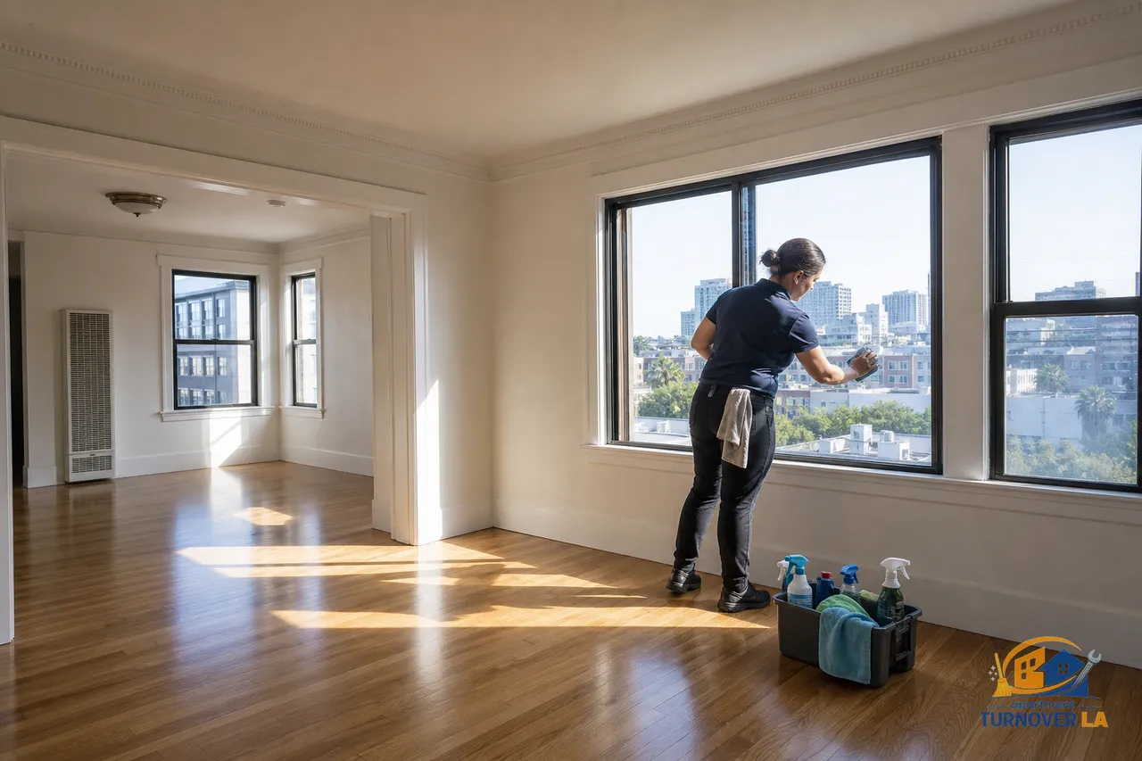 Cleaner finishing a detailed window track wipe in an empty LA apartment during make ready deep clean with hardwood floors