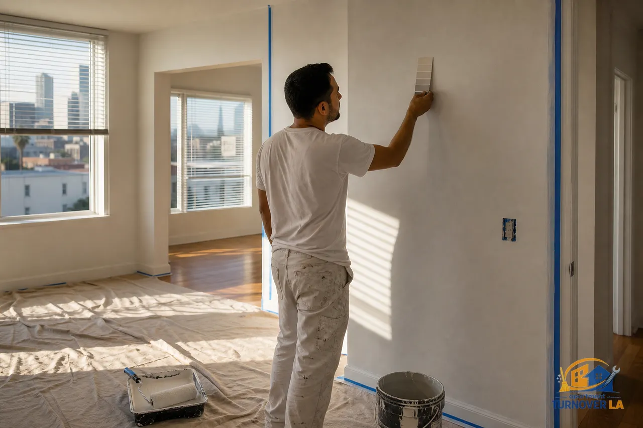 West Hollywood apartment during repaint, roller and tape set for exact color match and eggshell finish, professional LA apartment painting