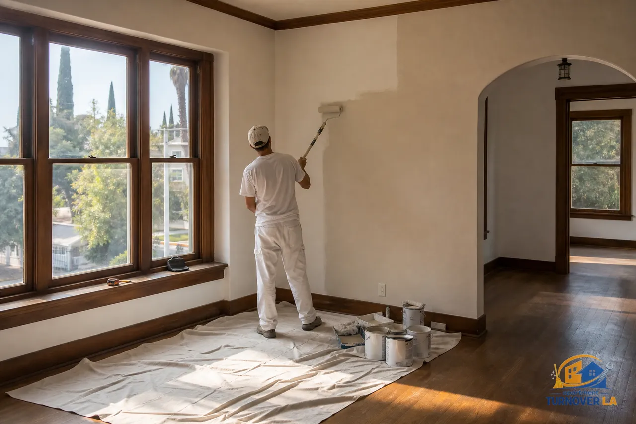 Pasadena apartment repaint in progress with neutral walls, original trim, and drop cloths, showing professional house painters setup for an LA rental turn