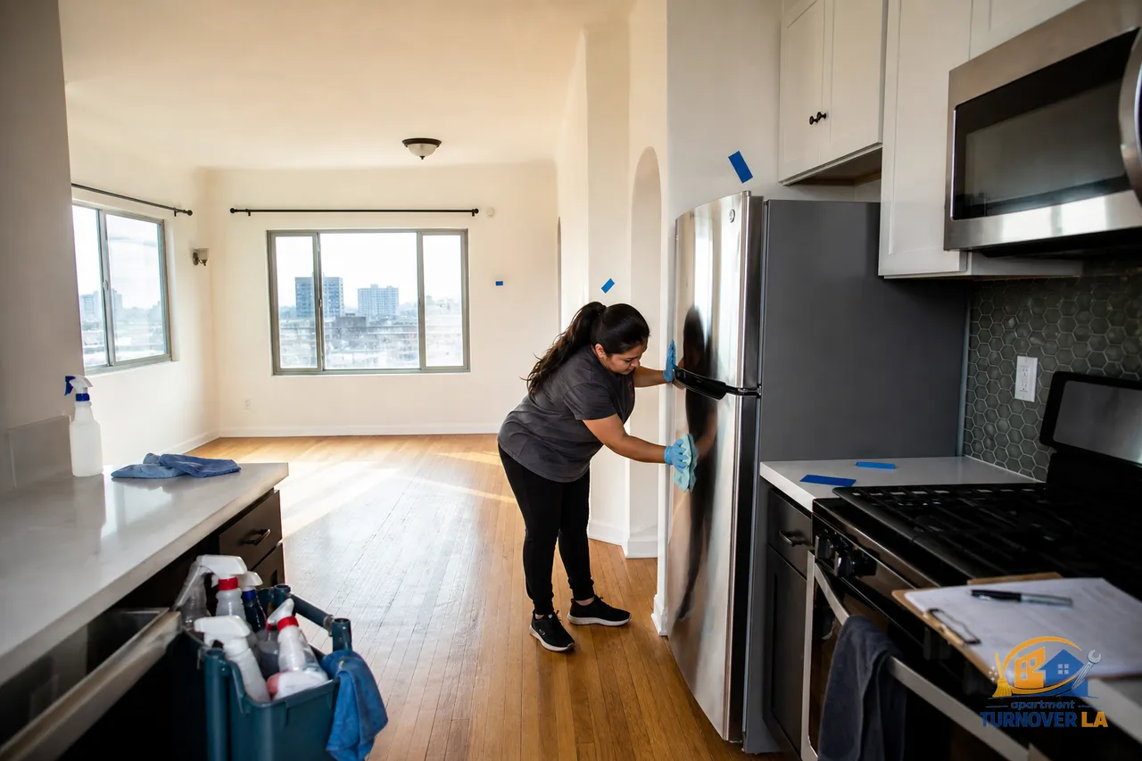 Koreatown LA kitchen during apartment turnover cleaning with checklist on counter and hardwood floors detailed