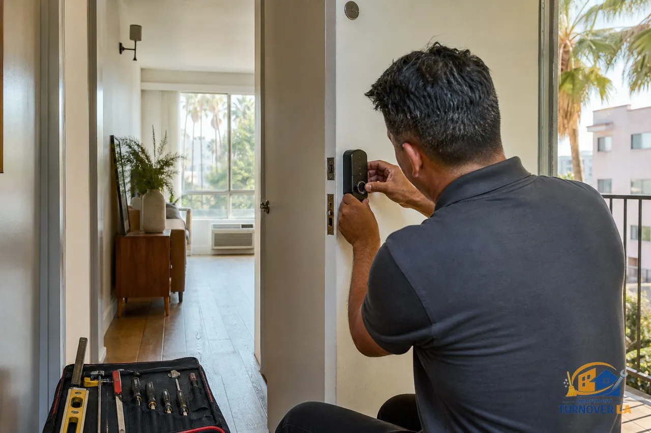 Technician aligning a smart deadbolt during smart lock installation at a West Hollywood apartment entry door