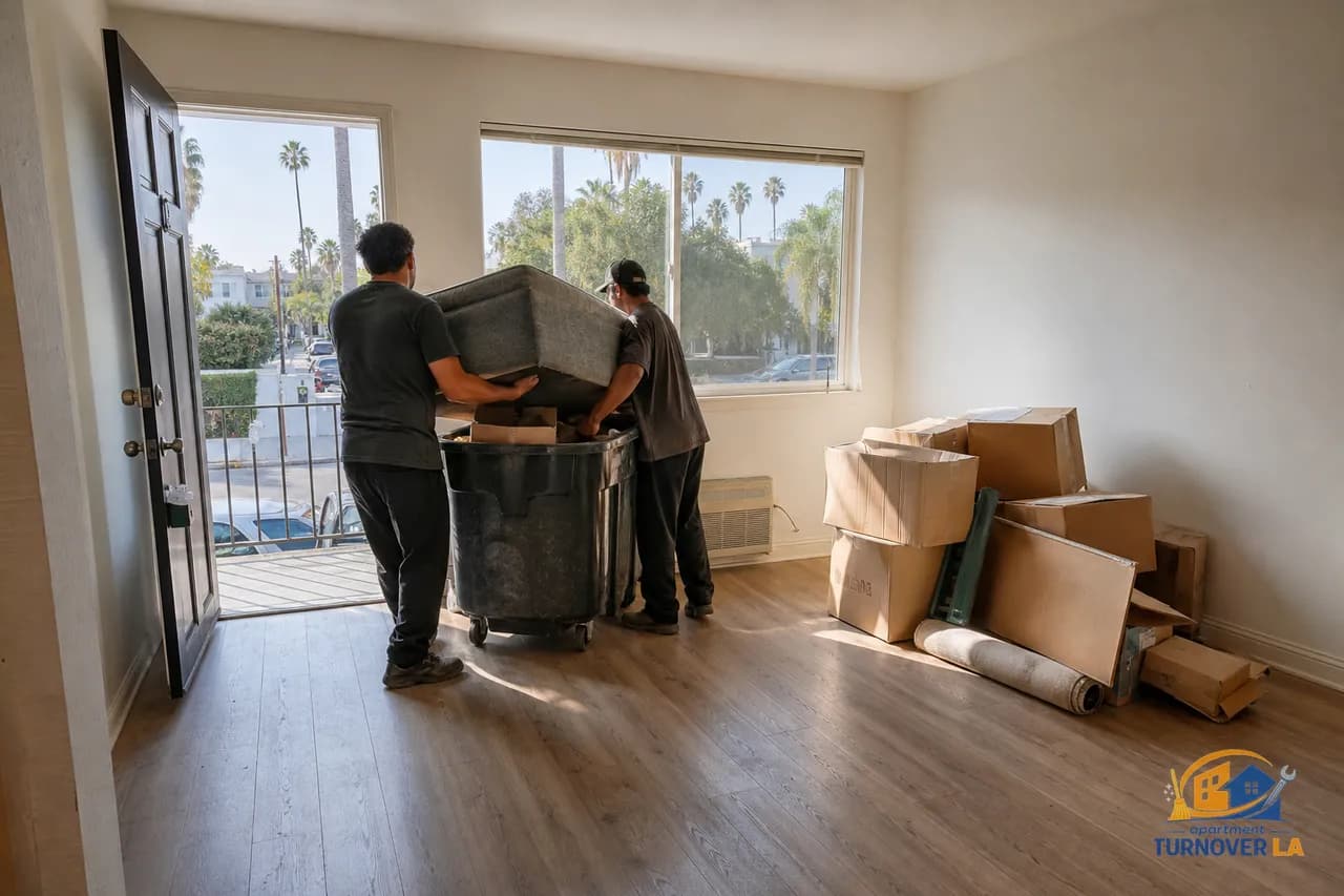 LA apartment junk removal in progress with movers hauling a sofa and boxes, Sherman Oaks street outside, apartment turnover cleanout scene