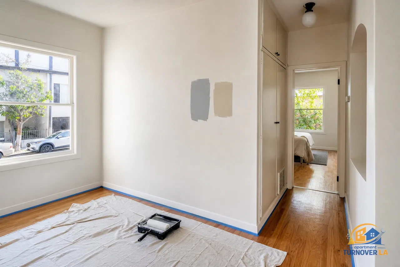 Fresh interior painting setup in a Los Angeles 1BR apartment with roller, drop cloths, and taped baseboards showing an apartment painting scene