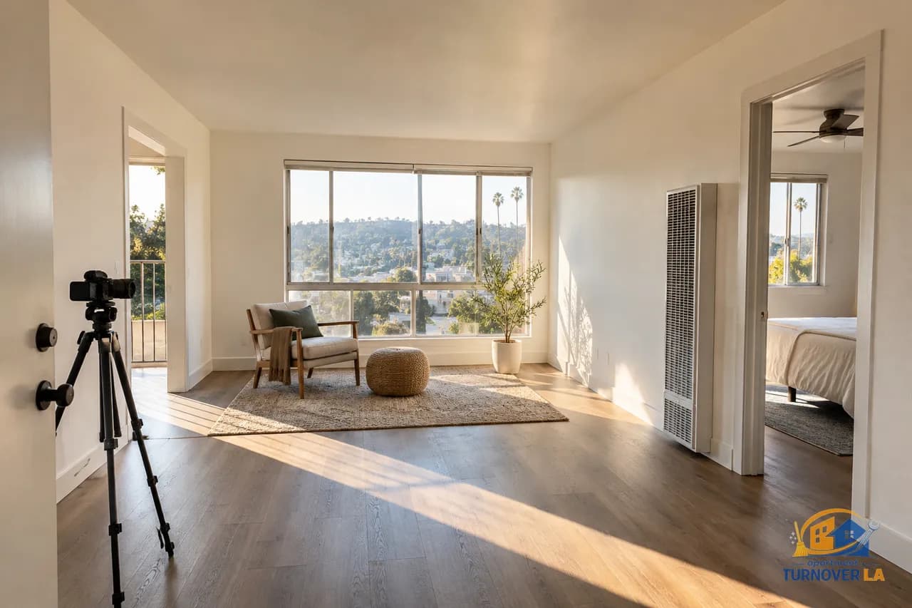 Rental listing photography setup in a bright vacant Los Angeles apartment living room